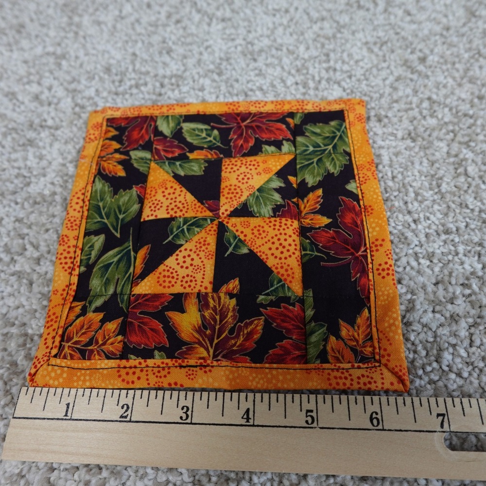Handmade Quilted Mug Rug Set 2 Dark Fall Leaves Pinwheel Cotton Coasters 6.5in - Picture 7 of 7